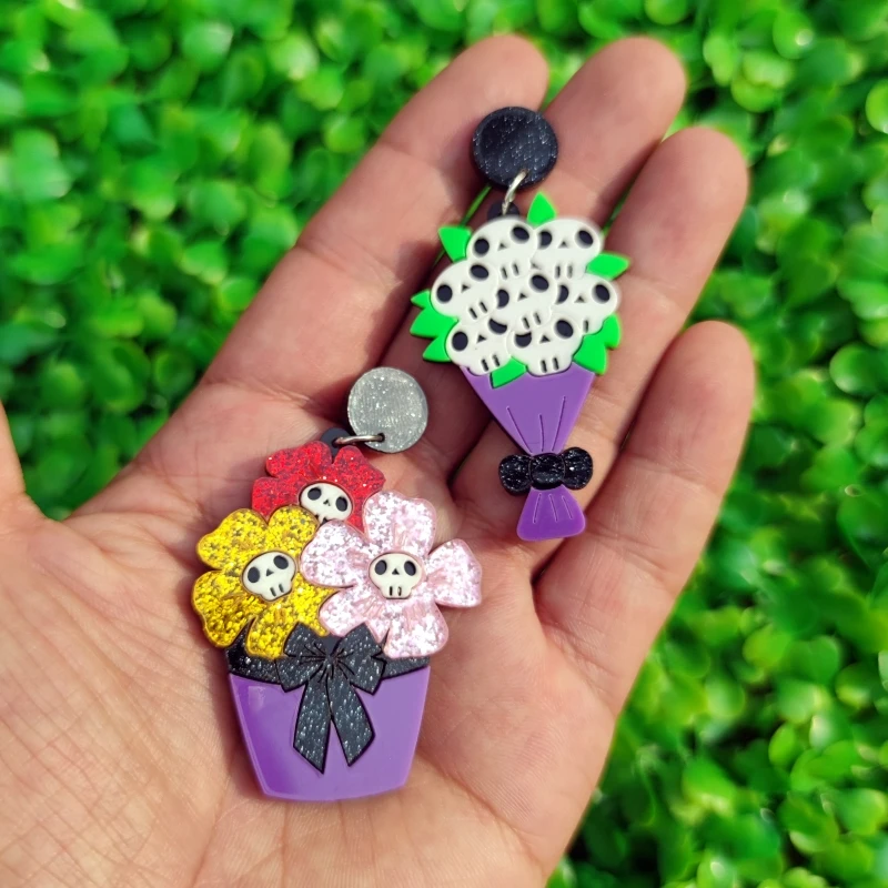 KUGUYS هالوين هيكل جمجمة باقة الاكريليك أقراط المرأة القوطية الأزهار مجوهرات فريدة مخيف هدية اكسسوارات #4