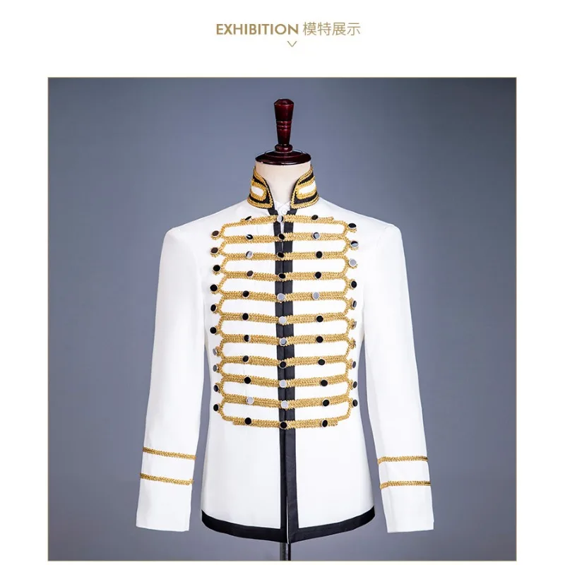 رجل السترة موحدة ثوب أبيض مطعمة مع الذهب المحكمة الأوروبية أداء ملابس رقص للعرض رئيس الرجال ملهى ليلي DJ معطف #6