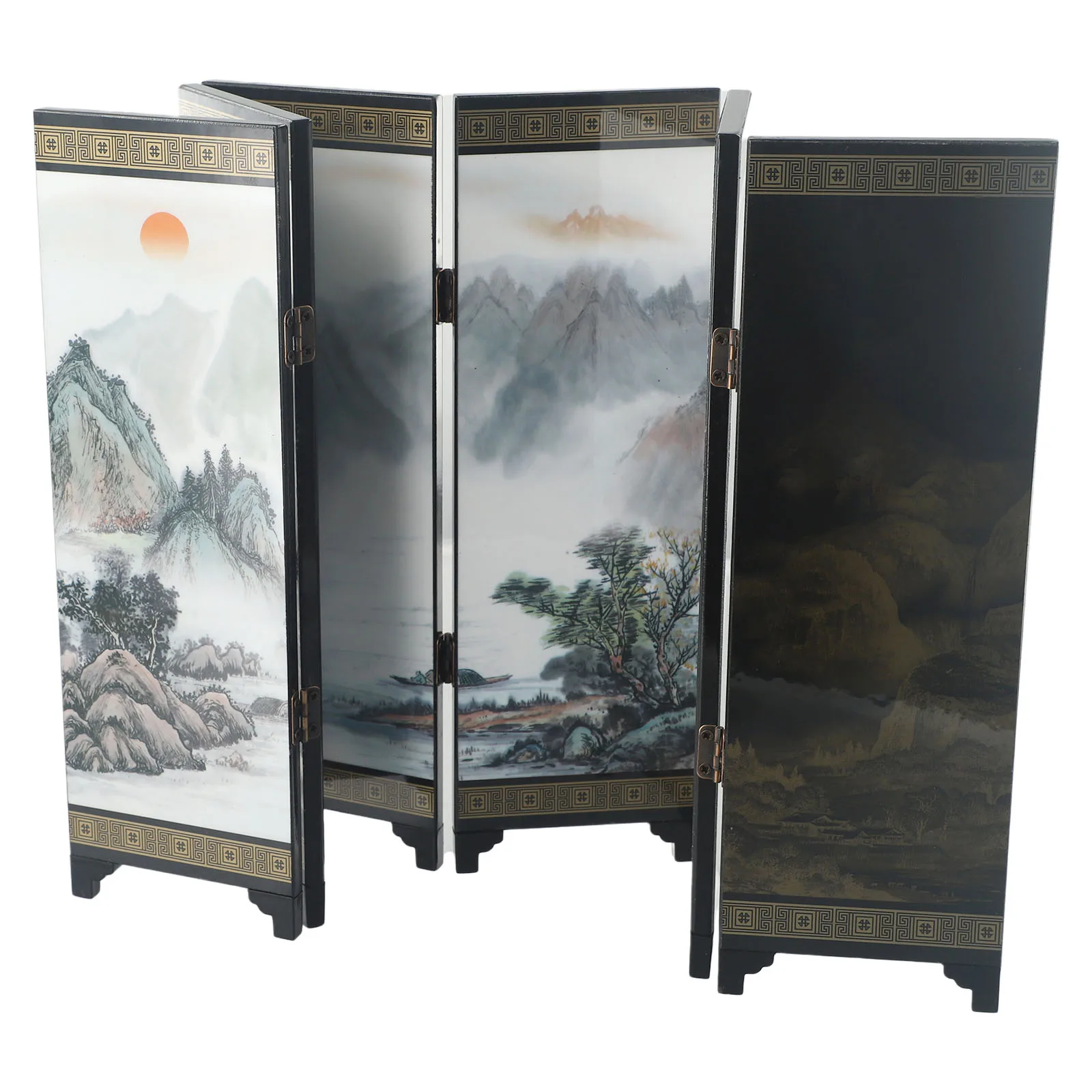 Chinese Motif Wooden Folding Panel Screen for Compact Space Division with Timeless Retro Visual Appeal and Sturdy Construction