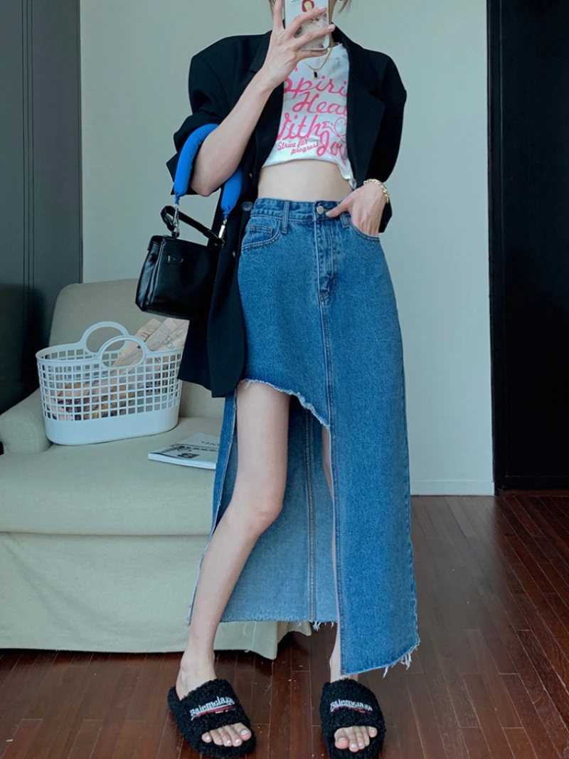 New Summer Hot Selling woman skirts womens korean fashion Casual Fork asymmetry Sexy Denim Skirt  BVAY9209