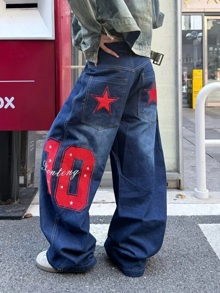 

2025 American Retro Y2K Style Star Embroidery Dark Blue Baggy Jeans Pants For Women Clothing Straight Gothic Lady Denim Trousers