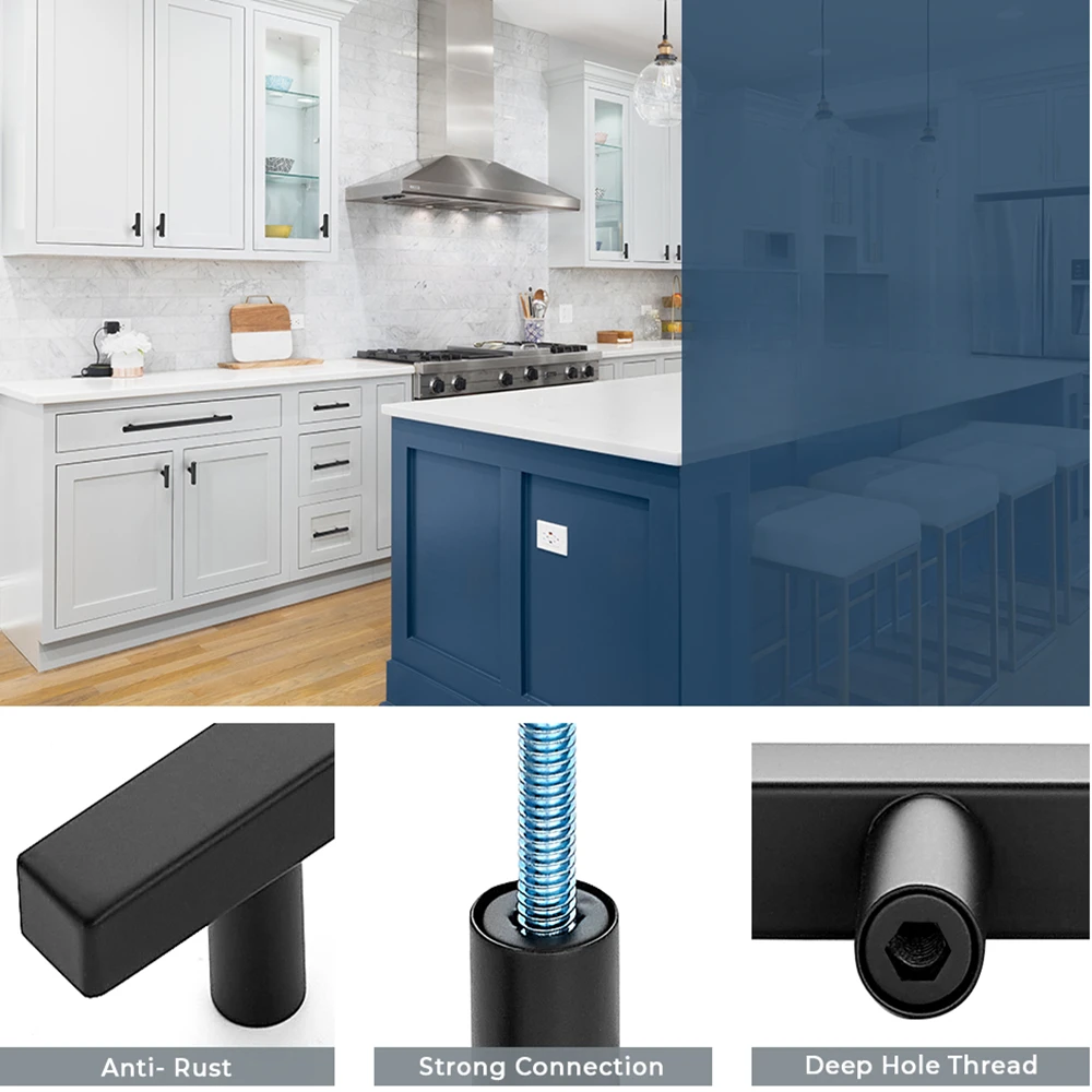 Matte Black Square Cabinet Handles Modern Stainless Steel Cabinet T Bar Furniture Hardware Pulls Knob for Kitchen and Drawers