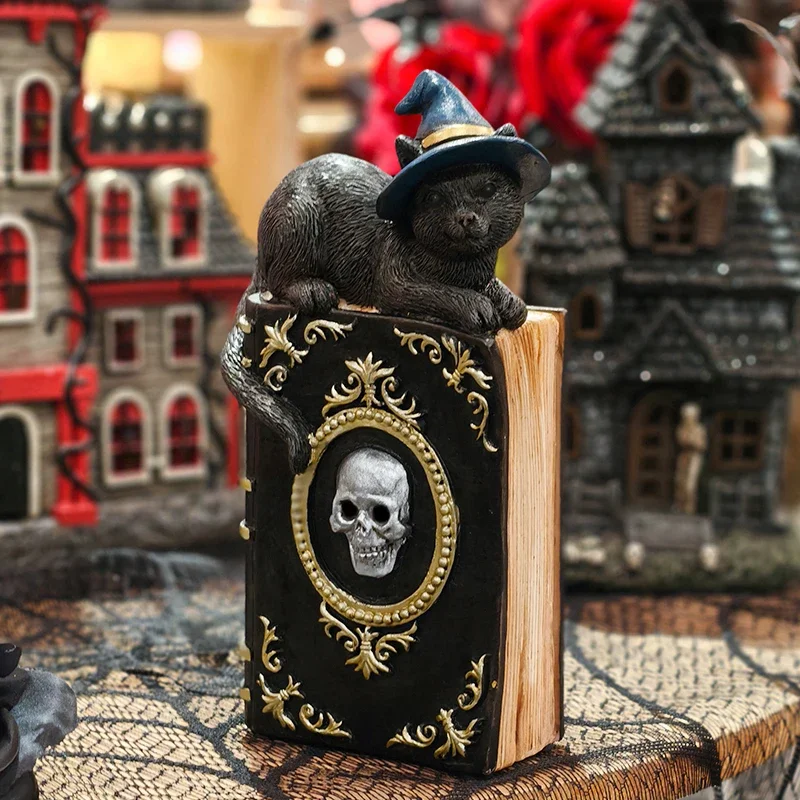 

Halloween Ghost Hand Magic Book/Cat-on-Book Figurine Sculpture for Home Decor, Bedroom, Living Room, Entryway, and Holiday Decor