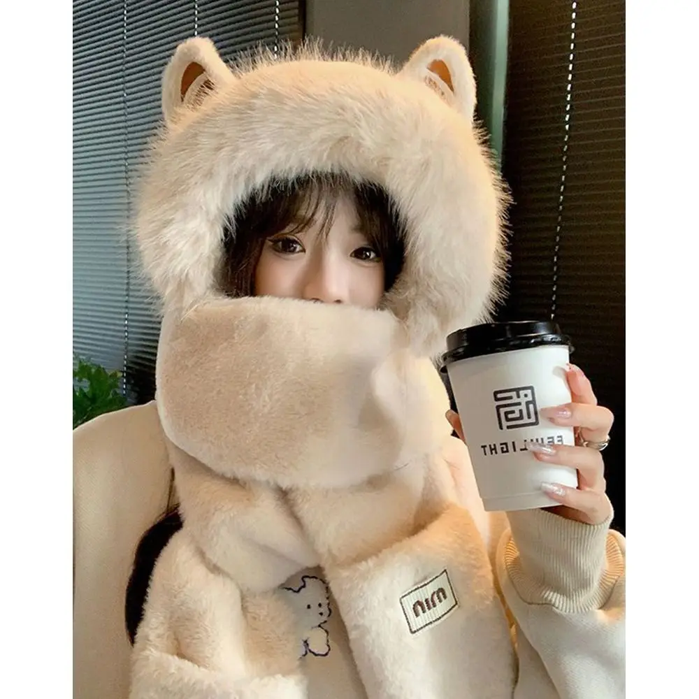 سميكة أفخم قبعة وشاح قفازات مجموعة الشتاء الدافئة الرقبة أدفأ النساء بيني قبعات لطيف الأذن في الهواء الطلق سدادات حماية الأذن قبعات الفتيات