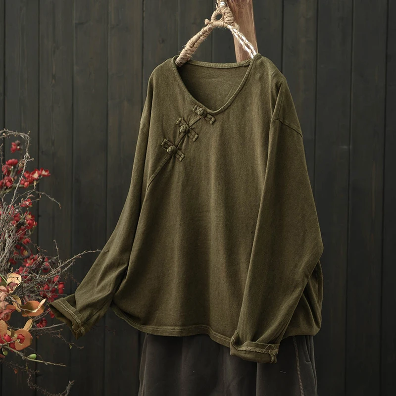 

Новинка 2025: Женские повседневные футболки с длинным рукавом из 100% хлопка, осенний винтажный стиль, однотонные топы с V-образным вырезом, модель M2217