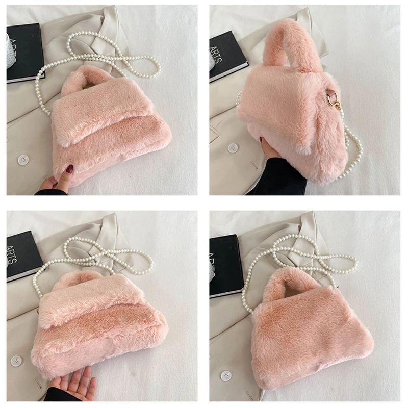 Y2K Fluffy Bags For Women 2022 Winter New Soft Furry Shoulder Bag Fur Tote Bag Plush Luxury Designer Handbag Pearl Sling Bag INS