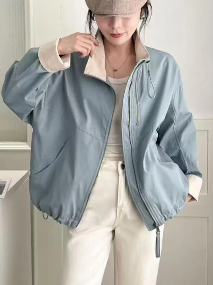 Mode coréenne solide vacances vêtements de travail manteau court femmes à manches longues élégant ample Double fermeture éclair vestes hauts automne hiver décontracté