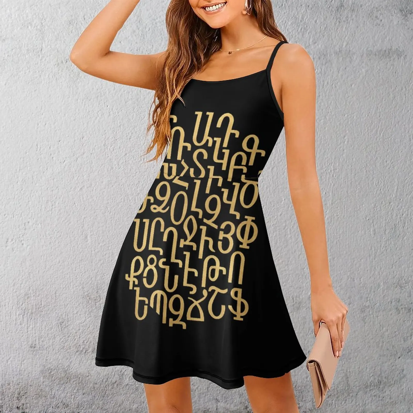 Sexy ARMENIAN ALPHABET Mixed - Gold And Black Women's Sling Dress Funny Joke Cocktails  Woman's Gown Suspender Dress Vintage