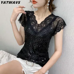 New Fashion Streetwear Female Sexy Lace V-Neck T-shirt Luxury Shiny Sequined Tees Summer Hollow Out Short Sleeved Women's Tops