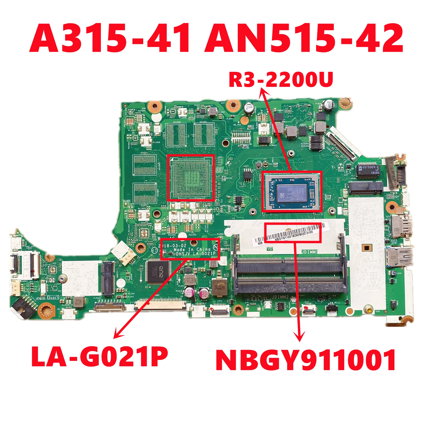 

NBGY911001 DH5JV LA-G021P Mainboard For Acer A315-41 AN515-42 Laptop Motherboard With Ryzen R3-2200U CPU DDR4 UMA 100% Tested OK