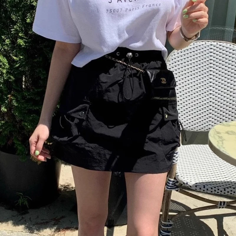 달콤한 세련된 여름 탄성 허리 작업 스커트 미니 스커트 여성 하이 웨이스트 포켓 디자인 한국 스타일 통근 짧은 스커트