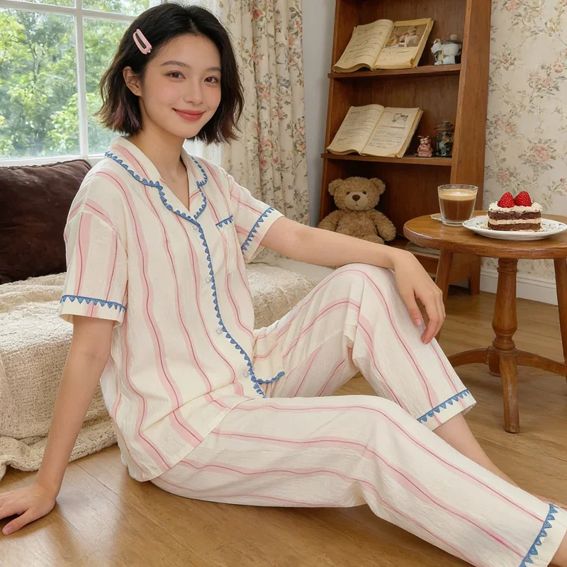 Spring and Fall Korean Version Pink Striped Pajamas Short Sleeved Pants Women's Homewear Sleepwear Student Casual Soft 2PCS/Set