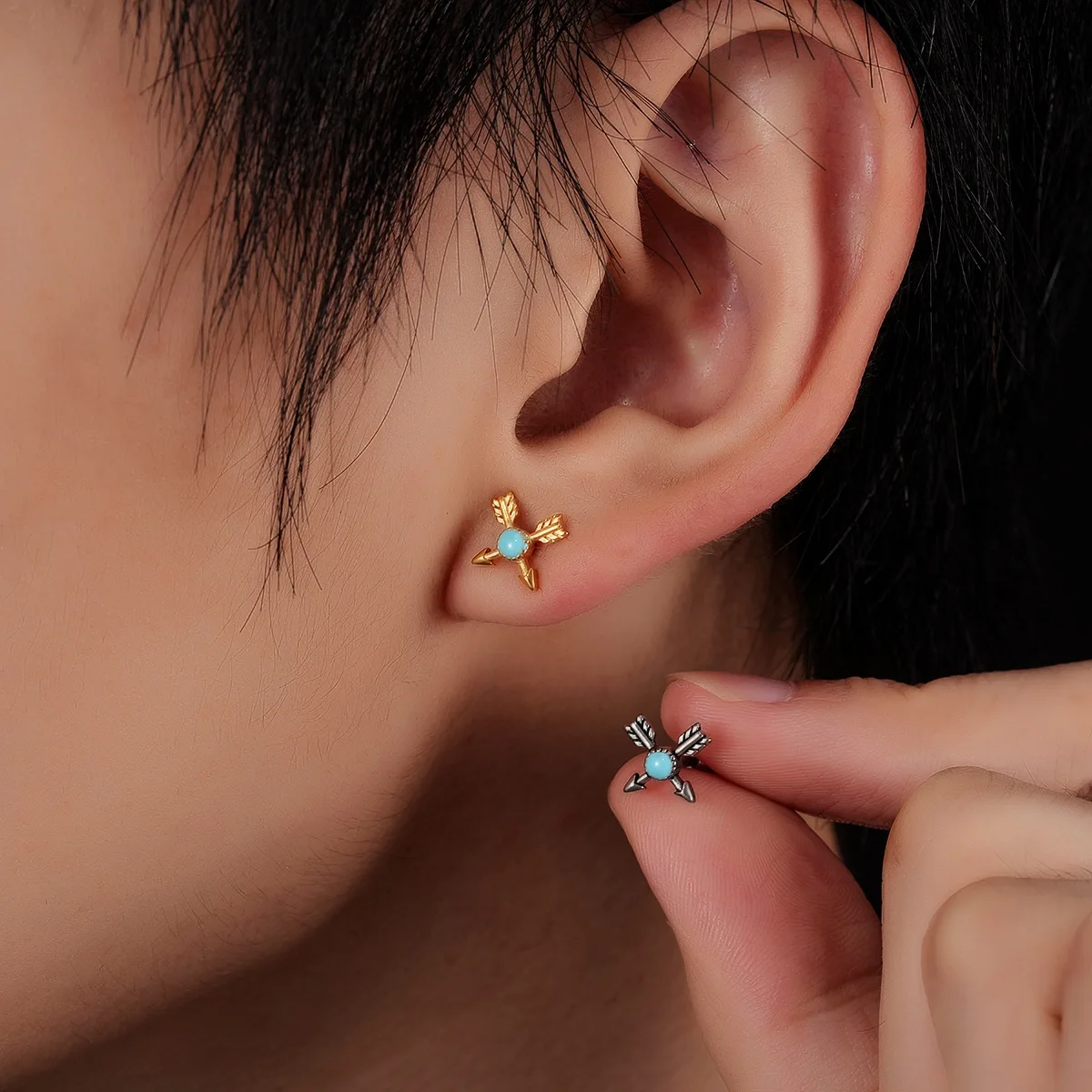 1pair Cross-shaped Bow and Arrow Stainless Steel Stud Earrings for Men Bohemian Style Vintage Tribal Motif Turquoise Earrings