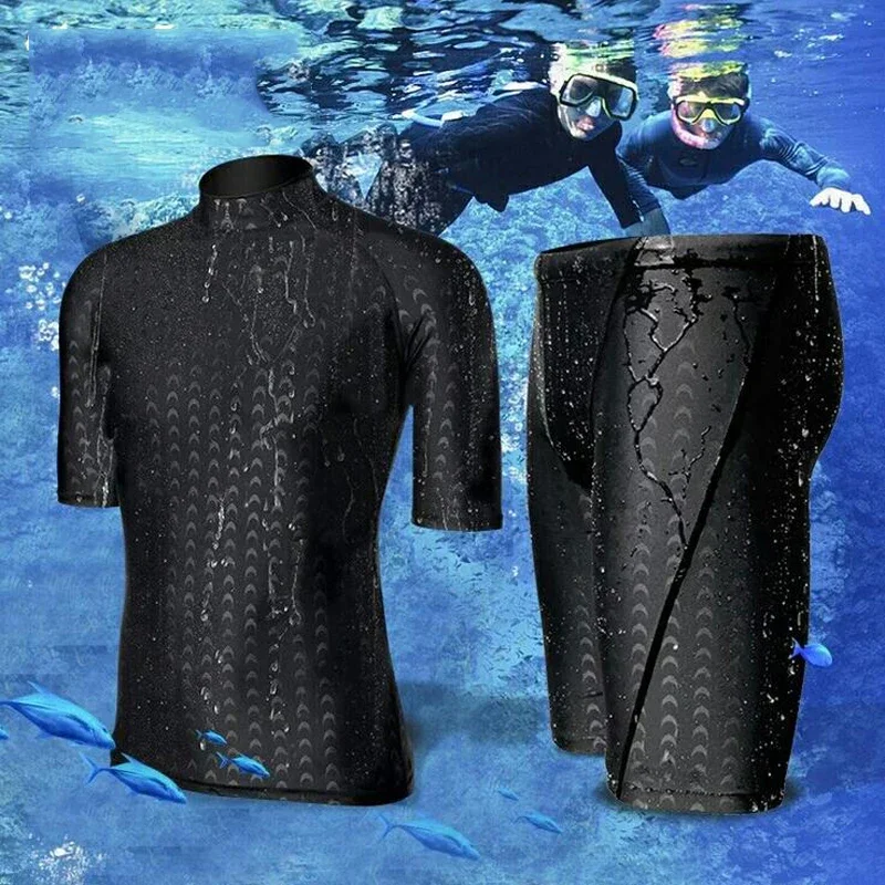 (L-6XL) Mężczyźni Nastolatki Zestaw kostiumów kąpielowych z krótkim rękawem ze skóry rekina Koszula pływacka + spodenki Surfing Nurkowanie Plaża