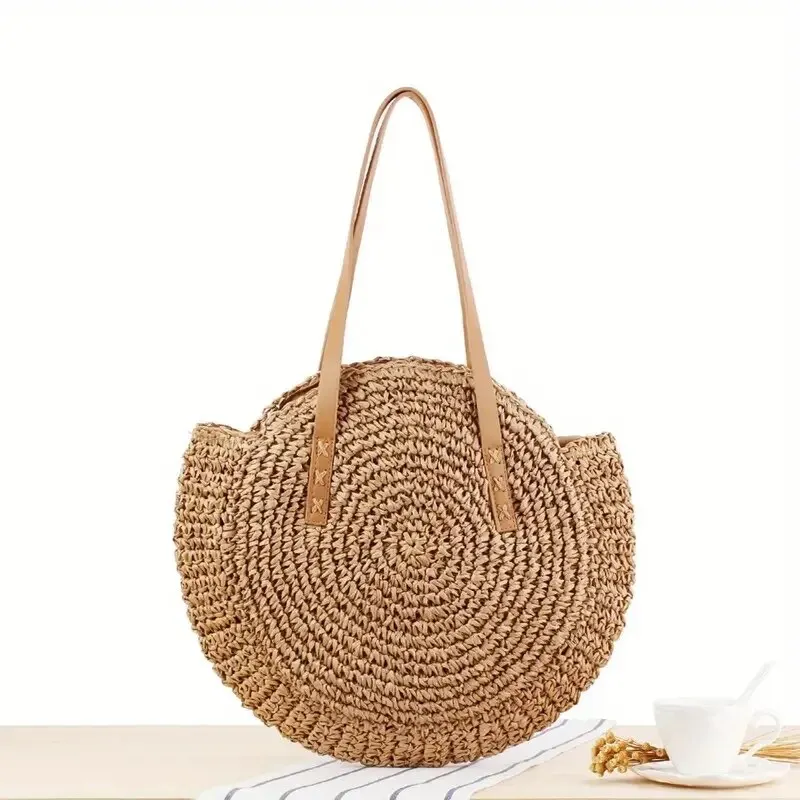 Hollow Woven Straw Bag Round Vacation Shoulder Bag Large Capacity Simple Round Woven Beach Bag Casual Shoulder Bag Travel