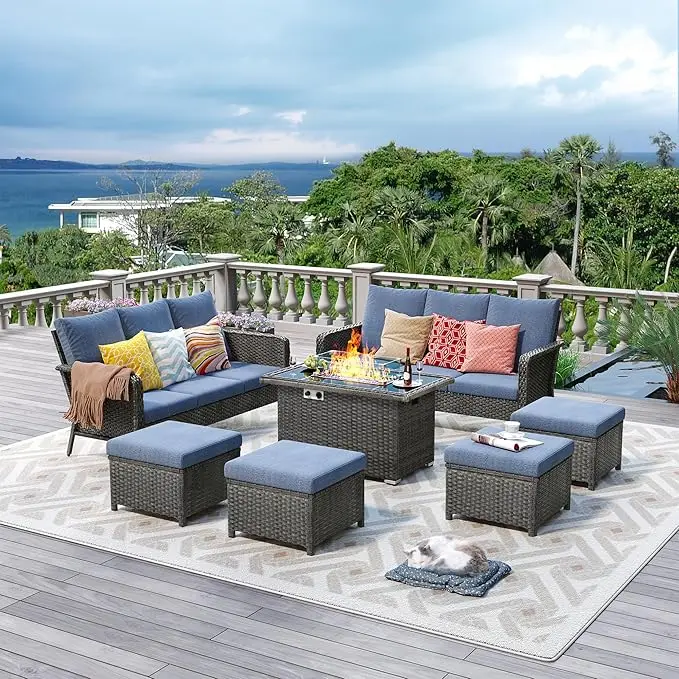 

10 Seats Outdoor Sectional Chair Sofa Set with 44" Gas Fire Pit Table - PE Wicker Patio Conversation Sets Cushioned Seat Couch