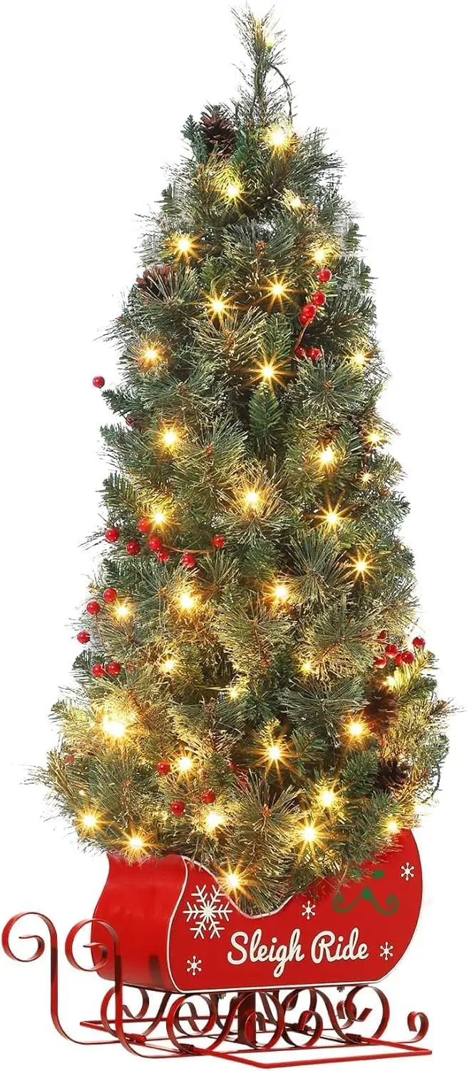 4.5ft Pre-Lit Christmas Tree - Realistic Spruce Tips, LED Lights with Multiple Modes, Sleigh Base, Ideal for Indoor Home