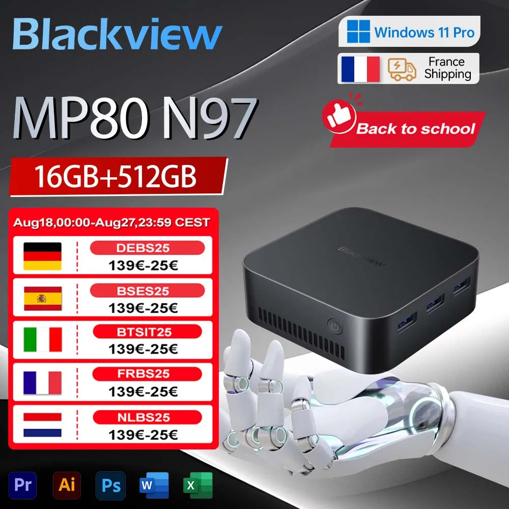 Mini PC Blackview MP80 12ª Gen Intel Alder Lake N97 WiFi 2.4/5G 16 GB DDR4 512 GB SSD Mini Ordenador de Escritorio 4K HD Windows 11 Pro