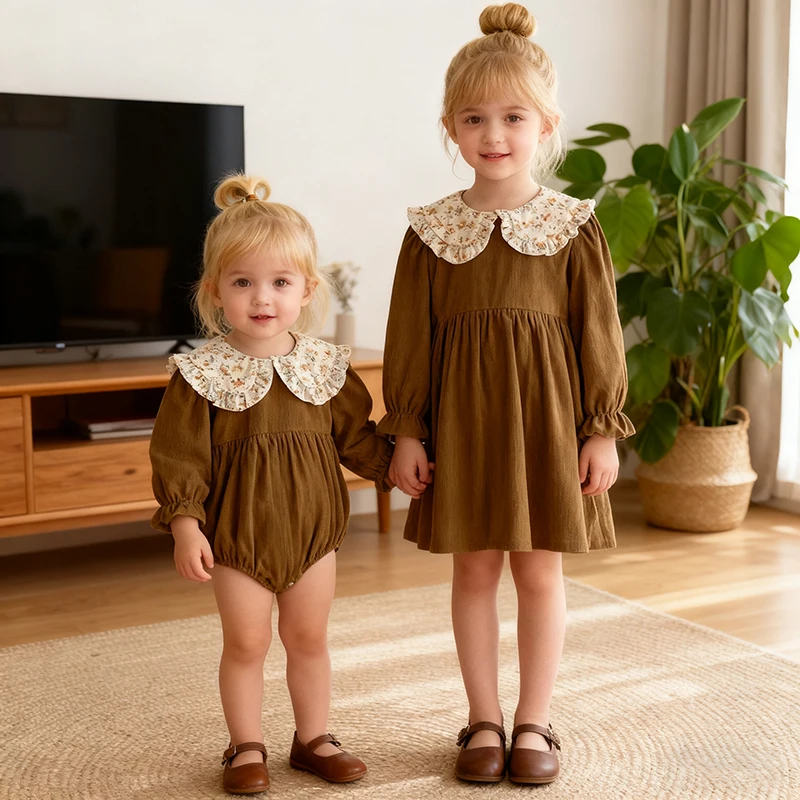 New Spring Sister Clothes Infant Baby Girls Dress Brown Sister Toddler Baby Bodysuits Kids Vintage Flower Princess Party Dress