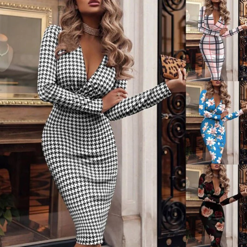 

Women's Print Dress Sexy Long Sleeve V-neck Casual Temperament Fashion Dresses Retro Elegant Tight Dress 2022 Spring Autumn New