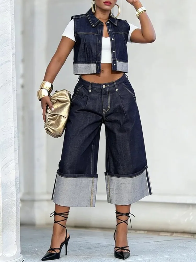 

UOOZEE 2026 New Fashion Denim 2 Piece Set Women Lapel Vest Jacket & High Waist Wide Leg Rolled Cuffs Cropped Jeans Pants Suits