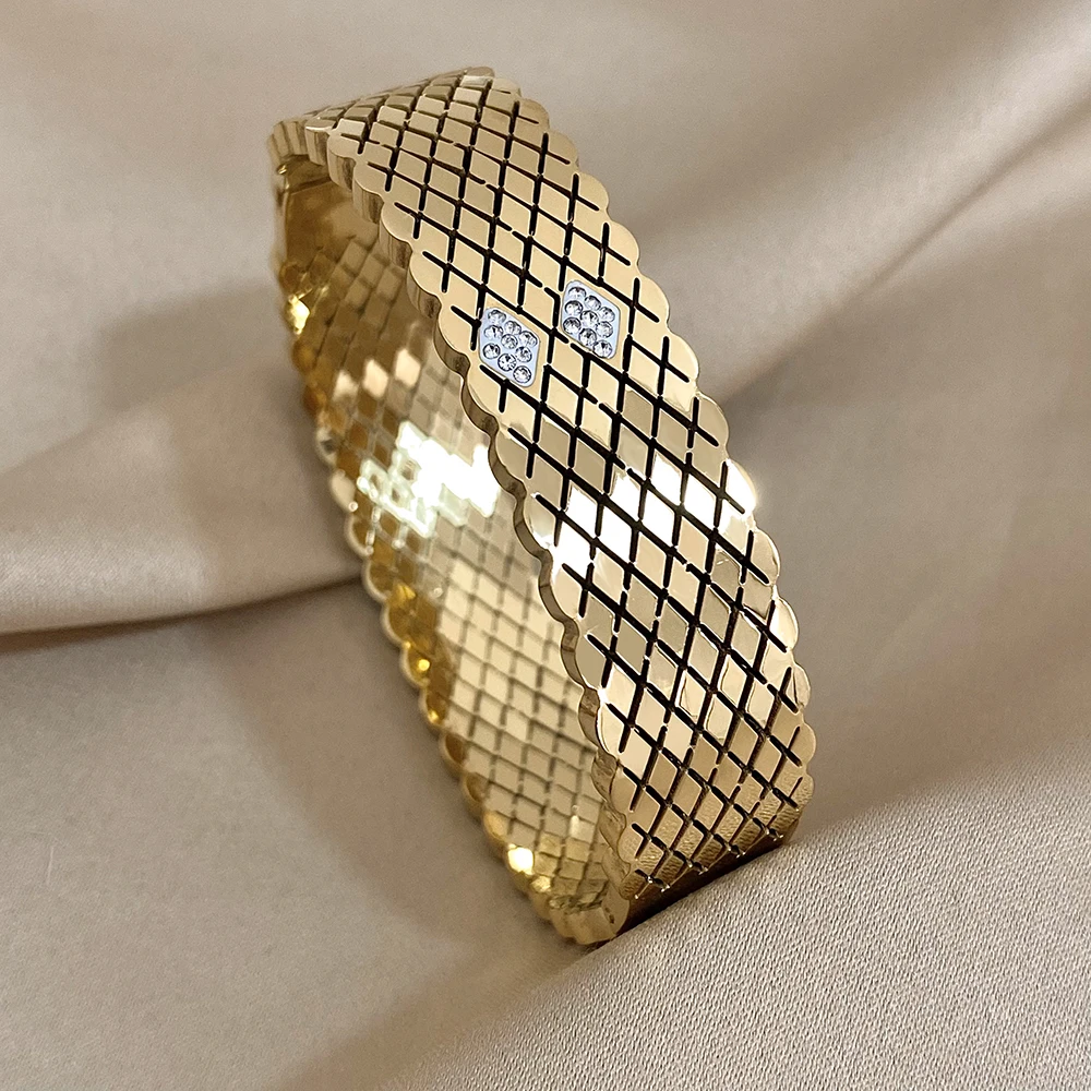 Greatera Inlaid Rhinestone Rhombus Stainless Steel Bracelets Bangles for Women Gold Plated Pulseras Waterproof Jewelry Gift