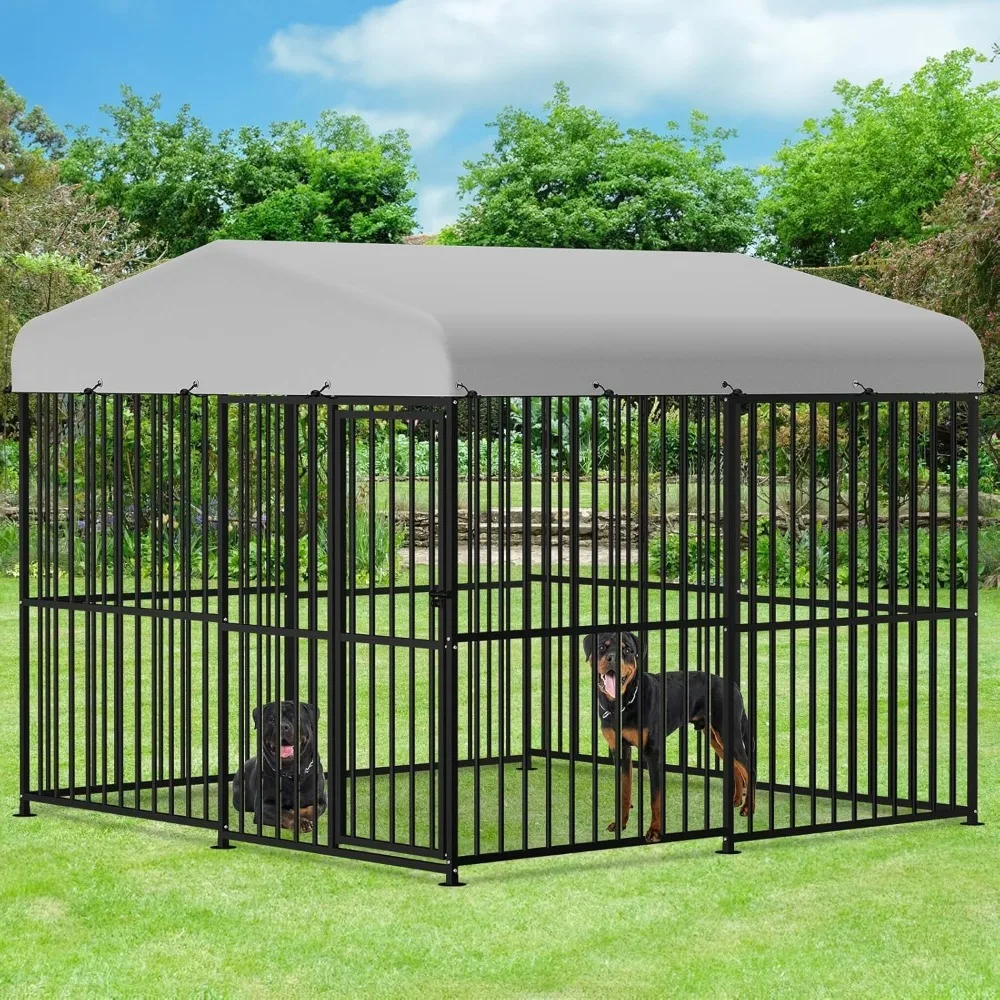 Outdoor Dog Kennel,Large Heavy Duty Metal Frame Dog Cage with Thickened Bars,  Waterproof Cover, Cage for Large to Small Dogs