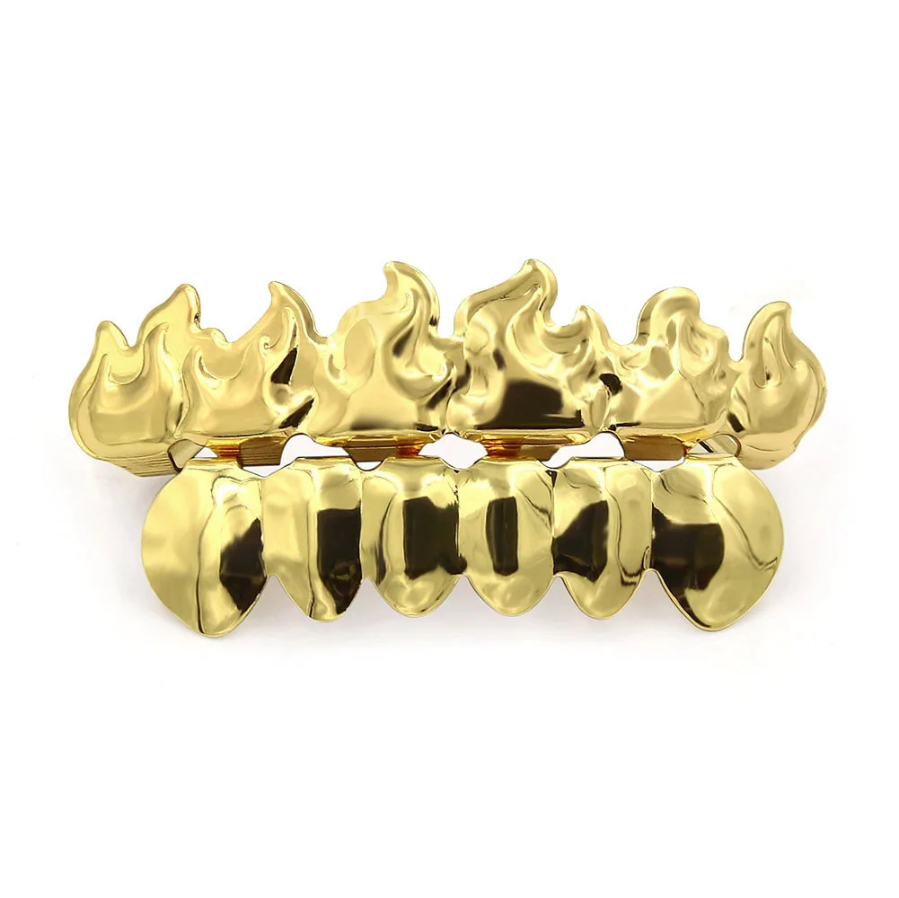 Gold Color Plated HIP HOP Teeth Grillz Flame Leaf Top & Bottom Grill Set With Silicone Vampire Teeth Christmas Gift