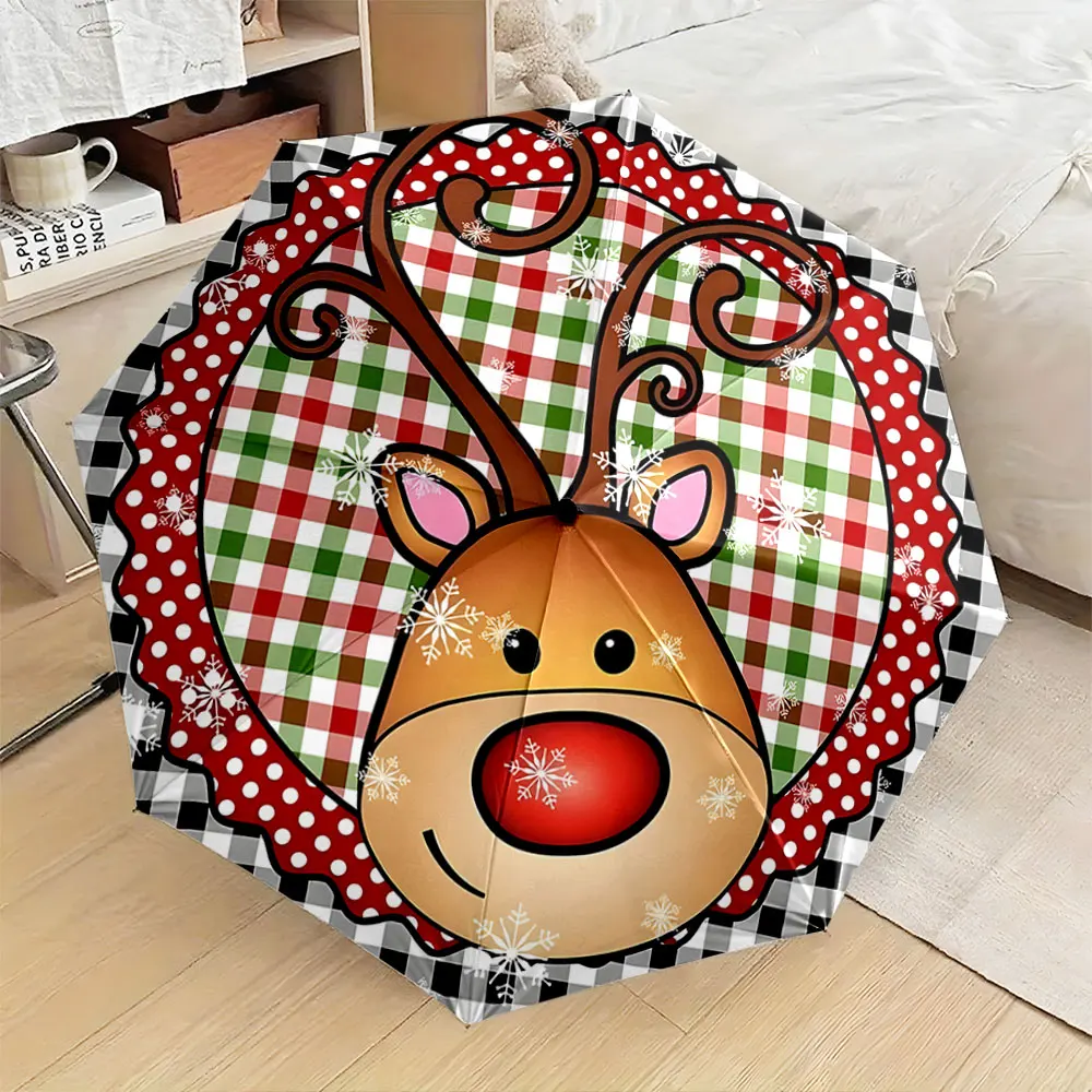 1PC Adorable Reindeer Design Umbrella for Festive Cheer Print 8 Iron Ribs Folding Umbrella Auto-Open Fashion Sunshade