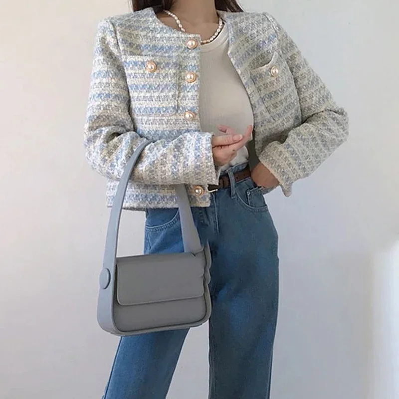 

2025 Autumn Winter Women Elegant Tweed Cardigan Short Coat with Pocket Single Breasted Jacket for Women Loose Outwear