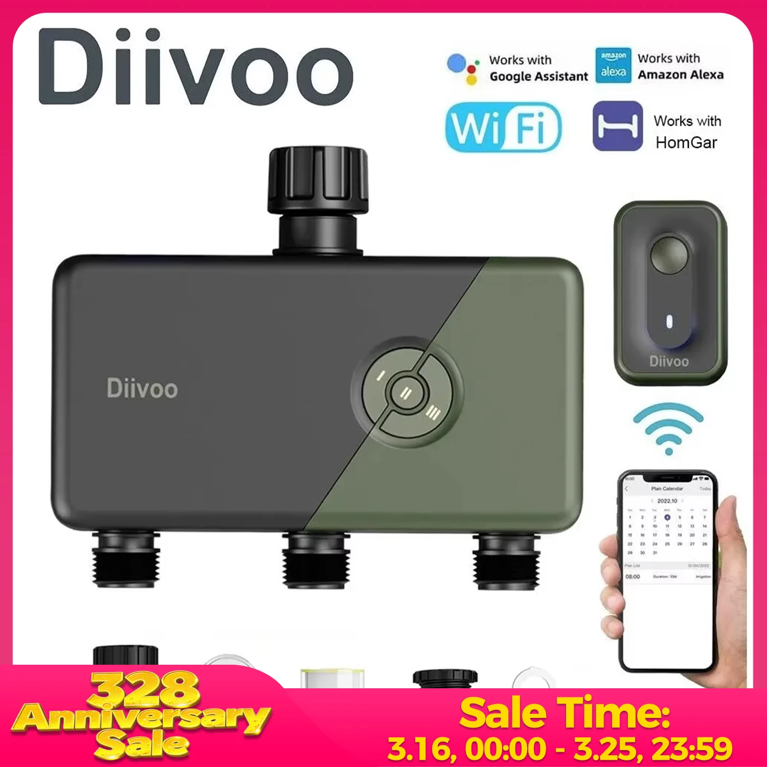 

Diivoo-WiFi Garden Watering Timer, Smart Sprinkler Irrigation Controller, Water Valve, 1, 2, 3 Zones