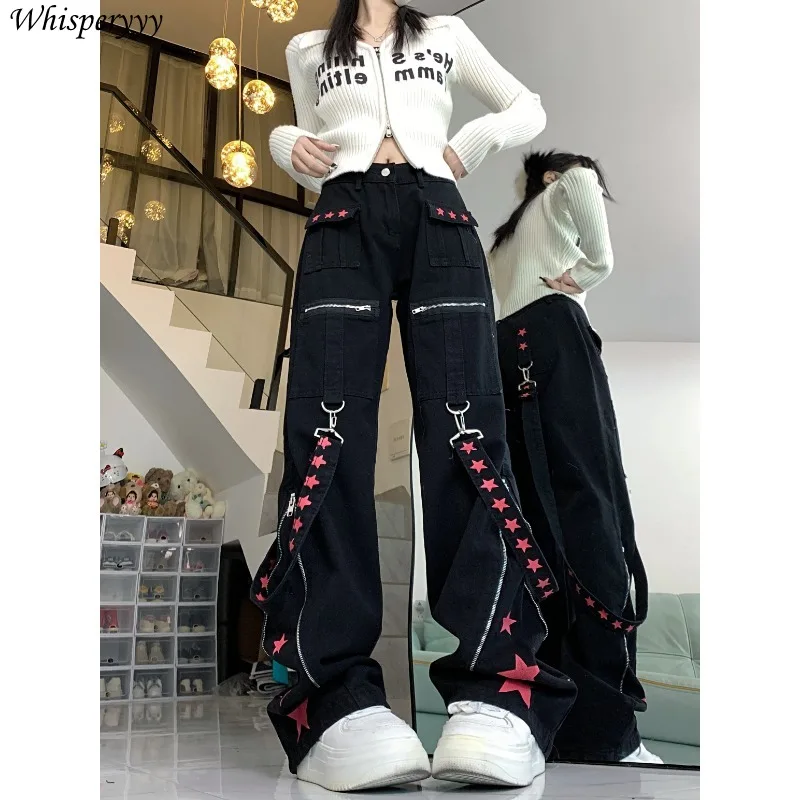 Black Women Pants Streetwear Contrasting Patchwork Casual Trousers Female Hip Hop Zipper Pantalones Korean Style Sweatpants