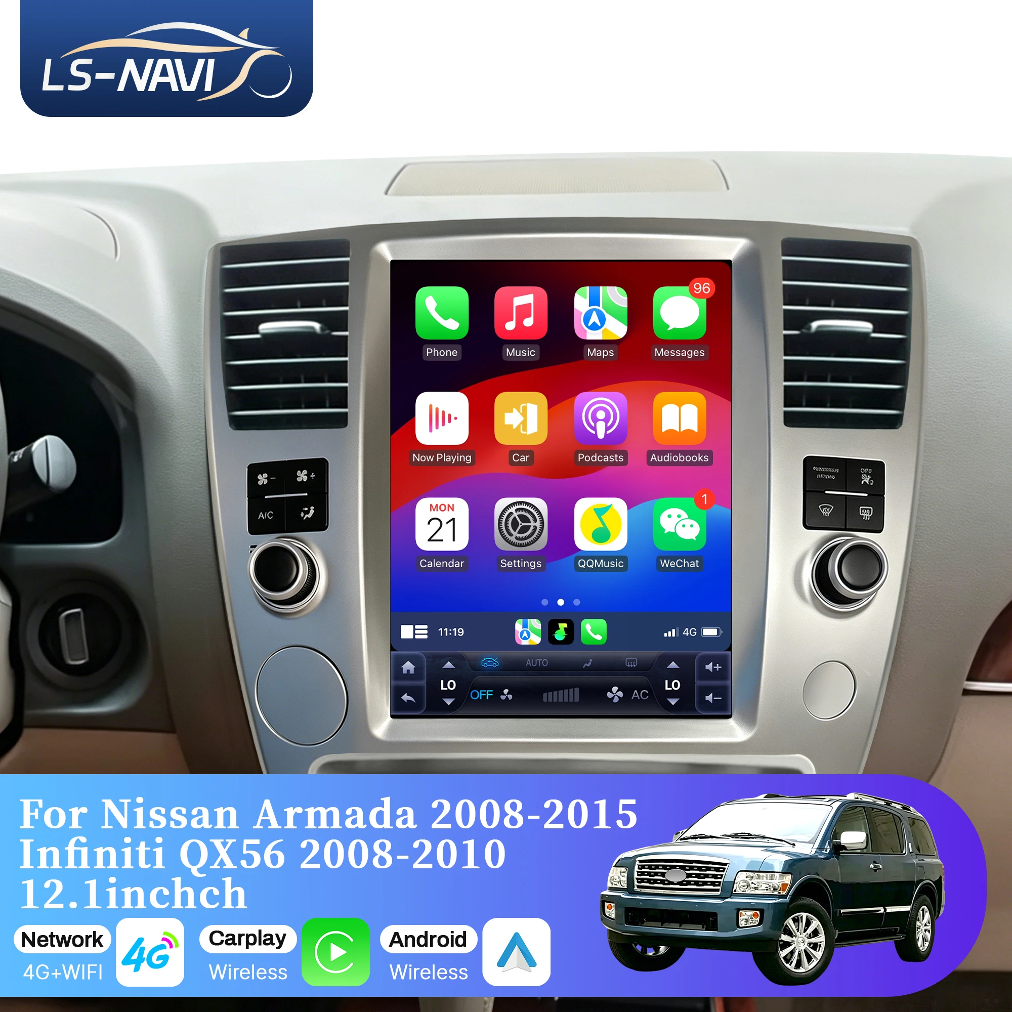 Radio para Auto de 12.1 Pulgadas para Nissan Armada 2008-2015 Infiniti QX56 2008-2010, Unidad Principal 4G, Bluetooth Inalámbrico, CarPlay