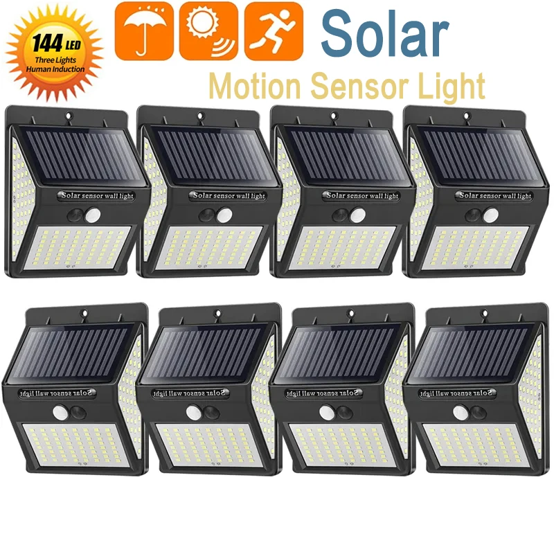 Luz LED Solar con Sensor de movimiento PIR, lámpara de pared para exteriores, impermeable, alimentada por energía Solar, decoración de jardín, 144