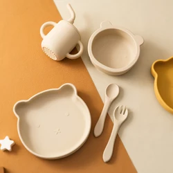 5PCS Silicone Baby Tableware Sets Pure Color Utensils Portable Sippy Cup Cartoon Bear Shape Plate Bowl Feeding Sets For Baby