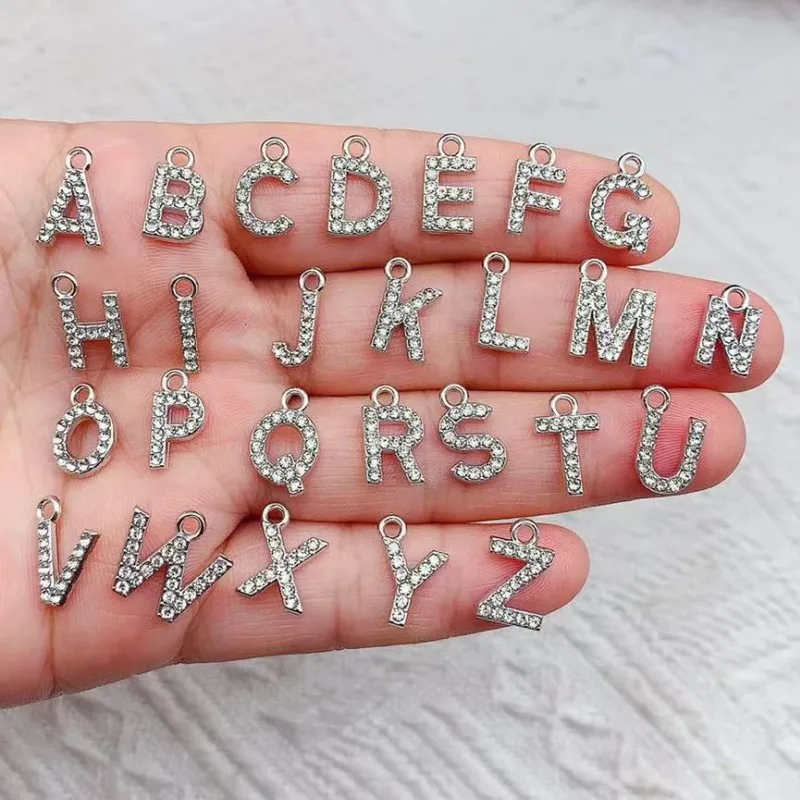 26pcs Silver color Alloy Inlaid Rhinestones Crystal 26 Letter Charms Pendants for Women Necklace Earring DIY Jewelry Accessories