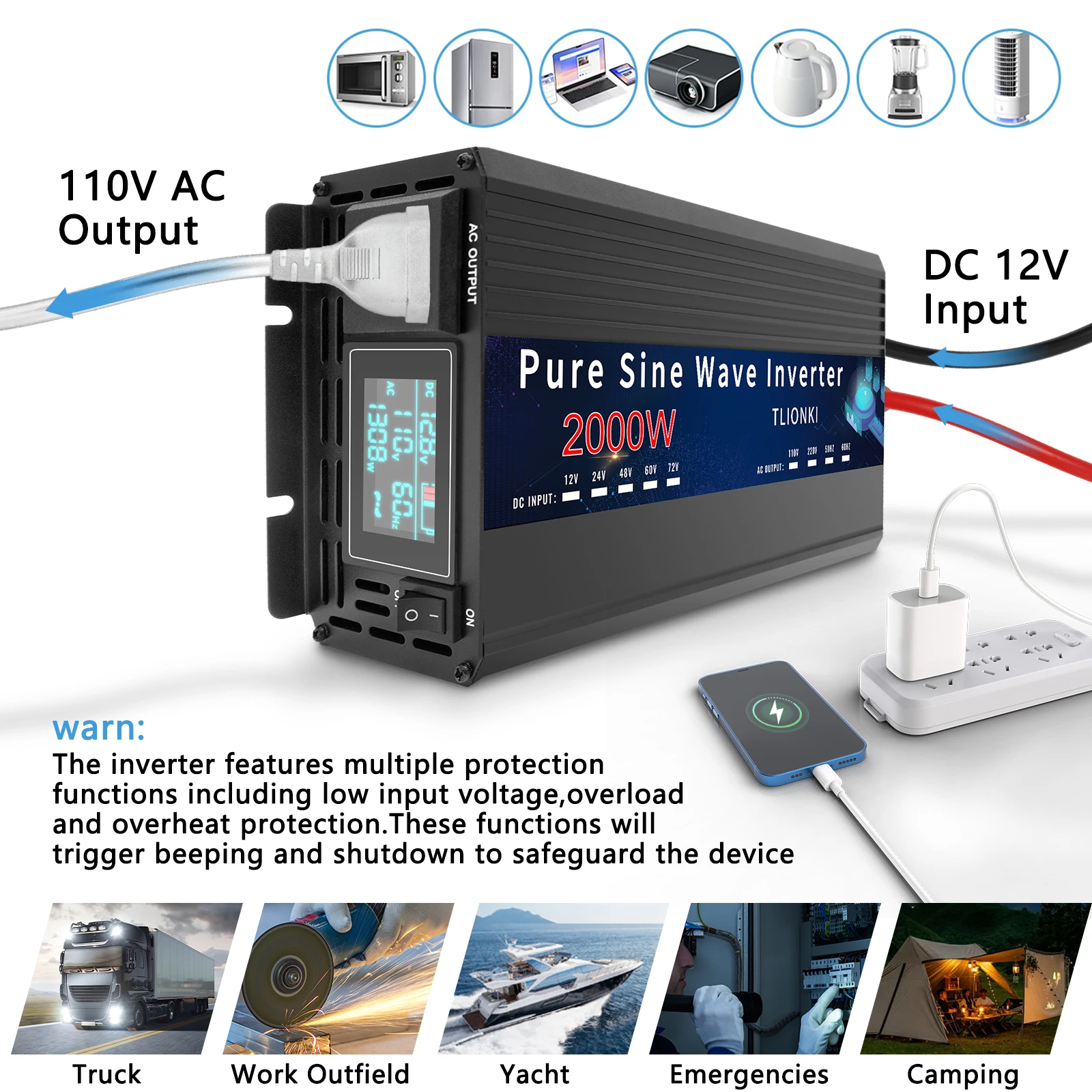 2000W Pure Sine Wave Inverter Car Power Inverter DC 12V to AC 110V Solar Power Inverter with LCD Display, AC Hardwire Port, Surg