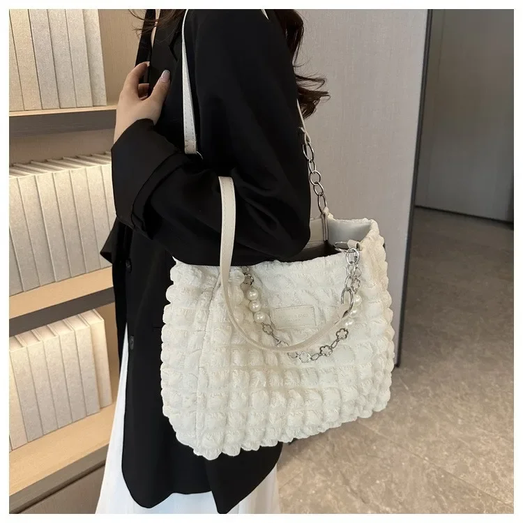 Damen Gesteppte Karierte Wolken-Baumwolltasche, Plissierte Unterarm-Hobo-Shopper-Umhängetasche für den Täglichen Gebrauch – Detail 5
