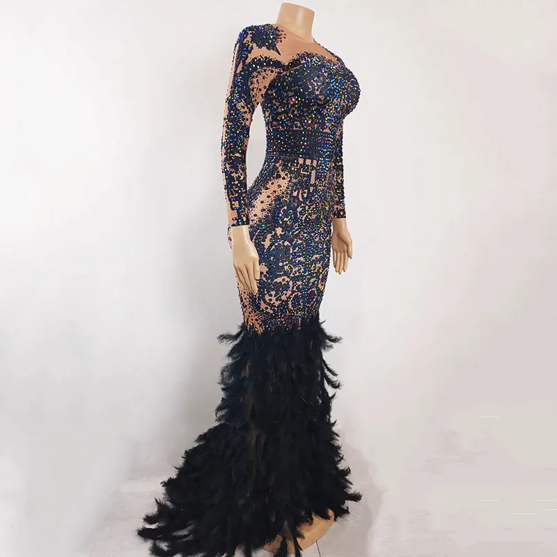 

Роскошное вечернее платье-русалка для подиума с шлейфом, блестящими стразами и перьями, облегающее, для женщин, для выпускного вечера, торжеств и выступлений на сцене