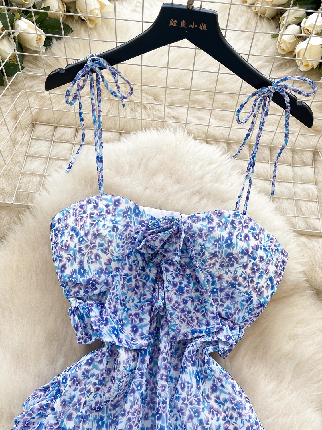 Ele Hollow out Bal Strap Dr Women's Waist Cinched Floral Snowflake Vaion Skirt ort Korean Sle Commute