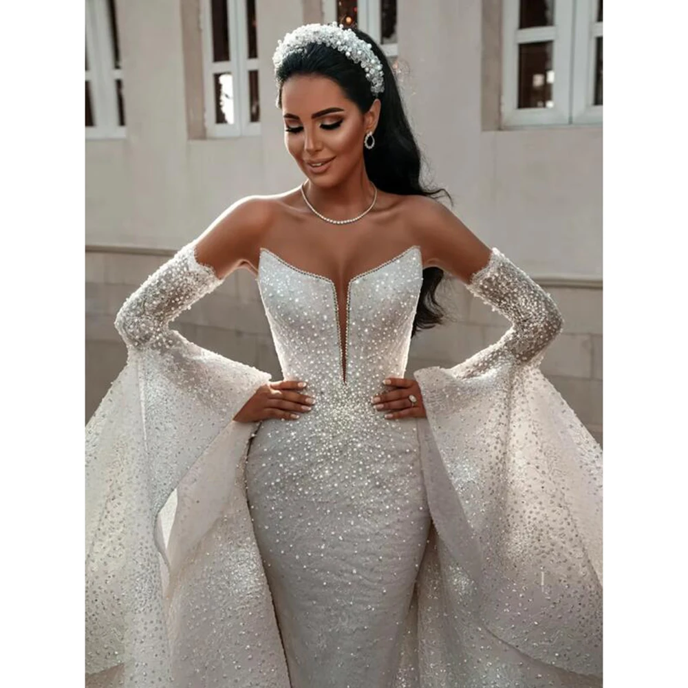 

Gorgeous Wedding Dresses V-neck Floor Length Mermaid Three Quarter Sleeves Pearls Sequins Detachable Train Women Banquet Gowns