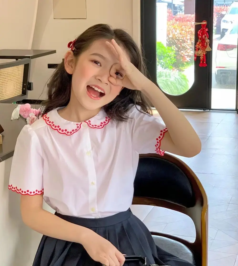 

baby girl clothes kids tops cotton Red embroidered round collar girls' short sleeved shirt summer top