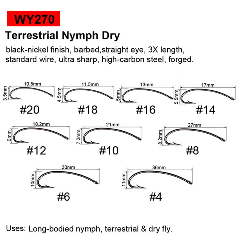 Wifreo 100pcs Barbed/Barbless Fly Fishing Hook Nymph Scud Caddis Fly Hooks Dry Fly Hooks Jig Streamer Clouser Wet Fly Tying Hook