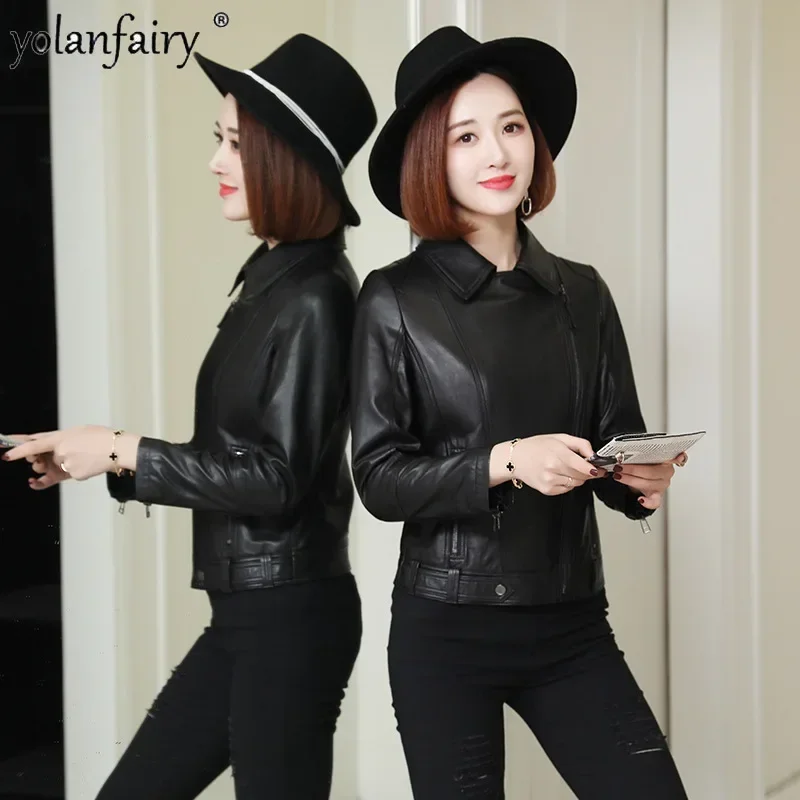 YOLANFAIRY Pure Sheepskin Coat for Women Motorcycle Short Leather Jacket Female Clothiong Single Slim Genuine Leather Clothes FC
