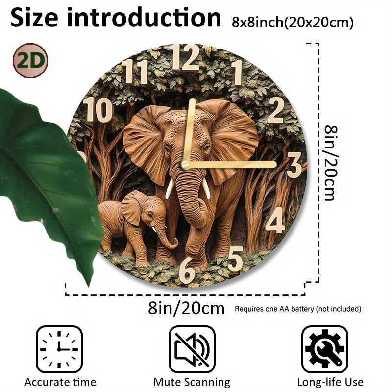 1pc Aluminum Silent Movement Round Wall Clock, Elephants on The Savannah at Sunset Design, Battery Operated