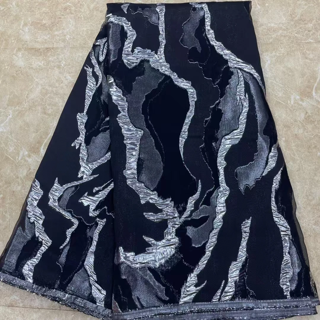 

180 x 53.93Inches Black Two-Tone Gold Stamped Organza Jacquard Brocade Fabric Sheer Transparent Textile for Summer Dresses
