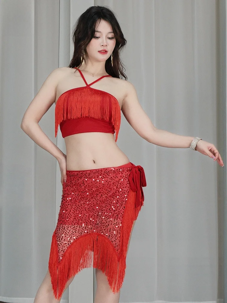 섹시 벨리댄스 스커트 세트 불규칙한 스팽글 치키 스커트 프린지 공연 의상 여성 피트니스 벨리댄스 의상