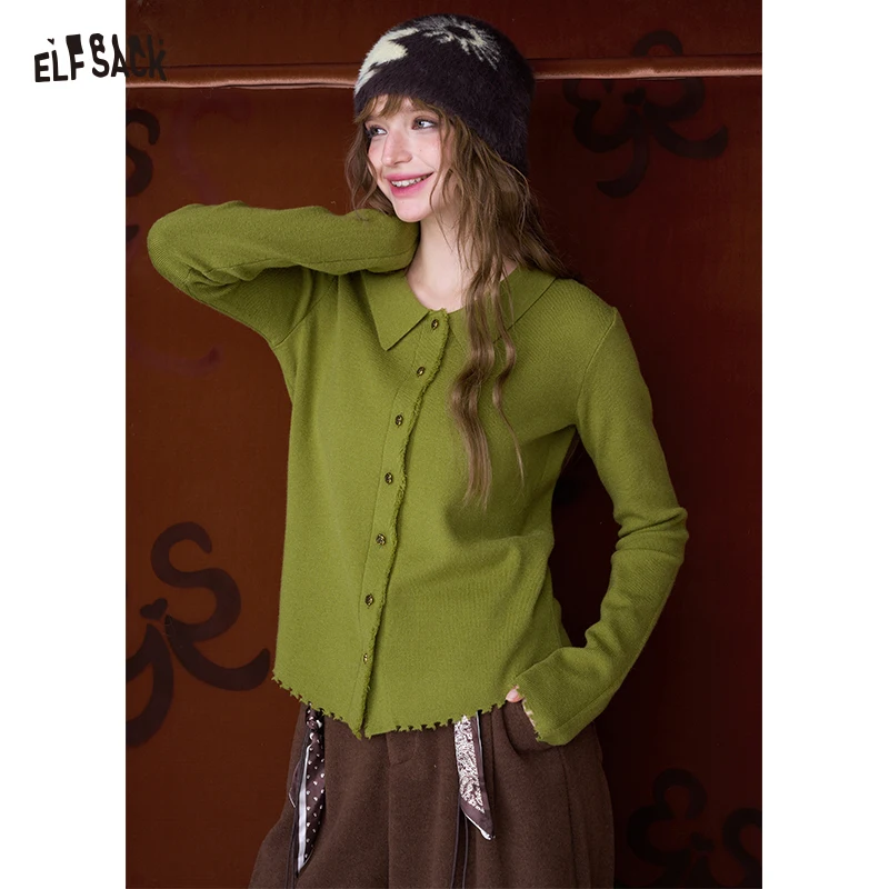 ELFSACK Women's Vintage Knit Cardigan with Peter Pan Collar & Frayed Trim, Button‑Front Slim Knit Top