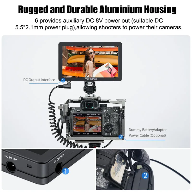 FEELWORLD T6 Monitor video da campo per telecamera HDMI da 6 pollici 4K Custodia in alluminio 1920x1080 IPS DC 8V Out Sony Canon Nikon