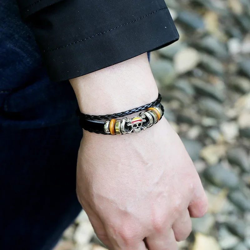 2-teiliges Luffy Strohhut Anime Cosplay Gewebtes Leder-Armband Herren- und Damen-Streetwear Geschenkset – Detail 7